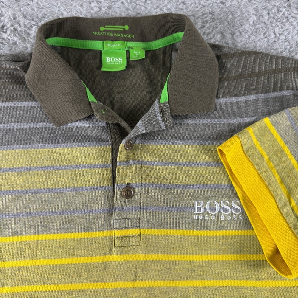 Hugo Boss Mens Modern Fit Striped Polo Shirt Green Yellow Grey Size M